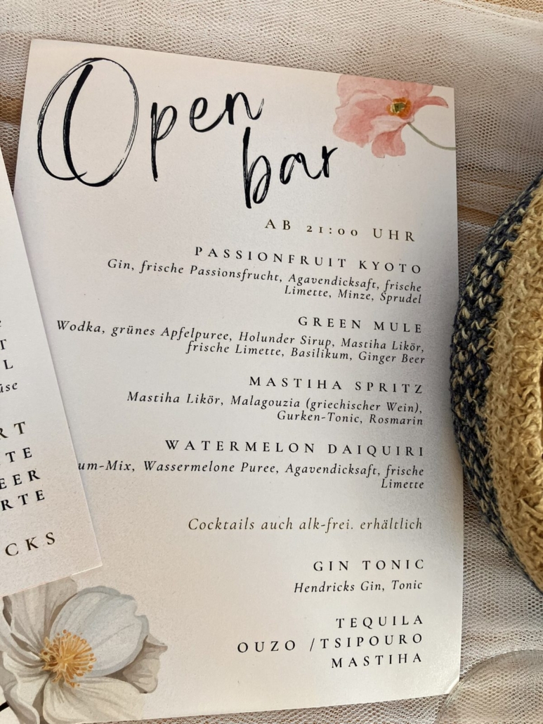 Open bar menu in German at Asja and Jiro's wedding in Halkidiki - Greek cocktails