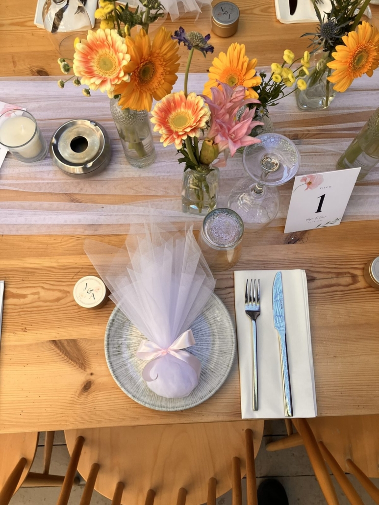 Wedding table detail with flowers and German table number cards - Asja and Jiro Halkidiki