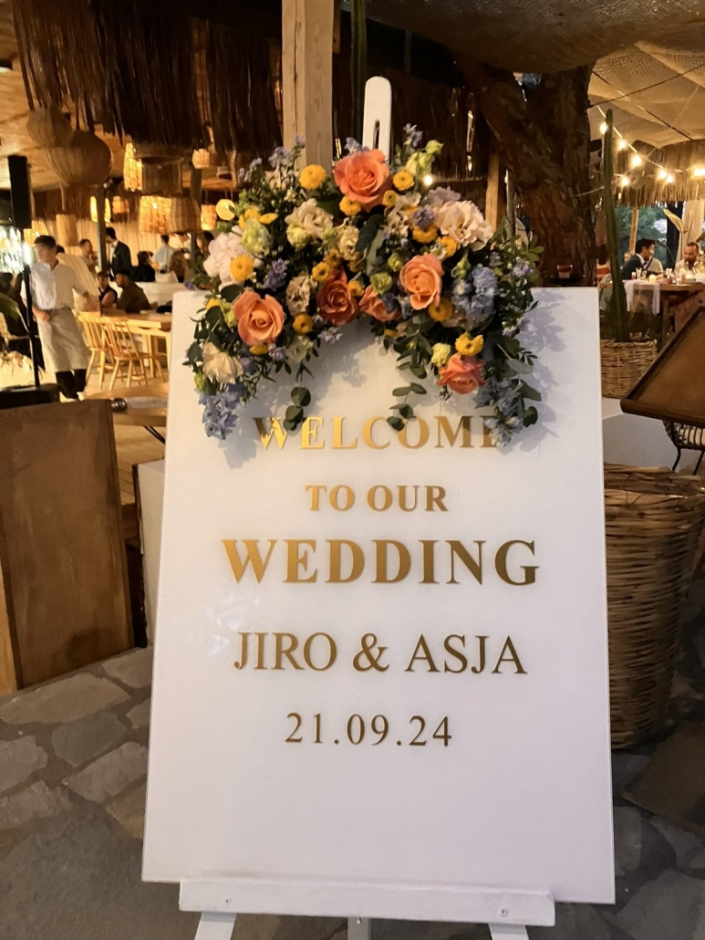 Welcome sign Jiro and Asja wedding 21.09.24 Melia Vourvourou Halkidiki