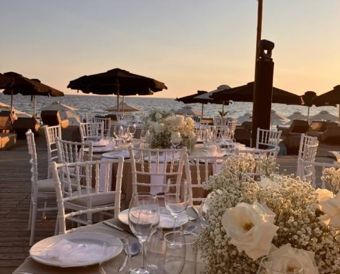Wedding reception venue at Mango Beach Bar, Parga Greece – sunset over the Ionian Sea