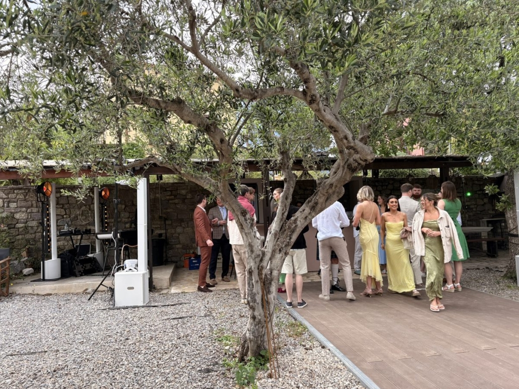 Cocktail hour at Chara Houses, Skoutari – guests mingling under olive trees with DJ setup visible